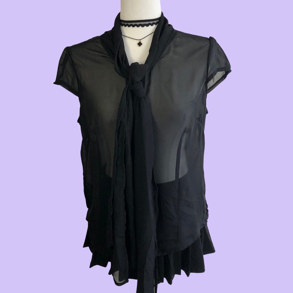 Antilia Femme Black Sheer Chiffon Tie Neck Blouse Womens M Cap Sleeve Top Goth